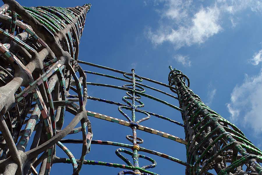 The Watts Towers as seen from the rear of the parcel of land where Sam Rodia had lived and worked in his spare time.