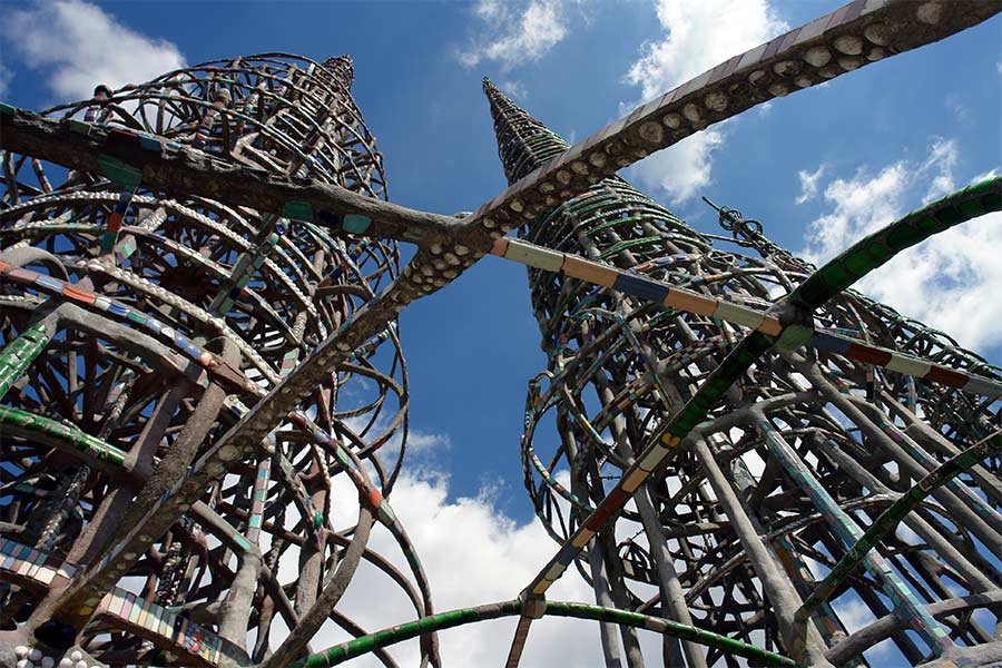 The Watts Towers as seen from the rear of the parcel of land where Sam Rodia had lived and worked in his spare time.