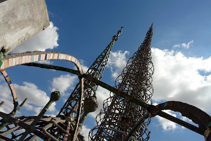 The Watts Towers as seen from the rear of the parcel of land where Sam Rodia had lived and worked in his spare time.